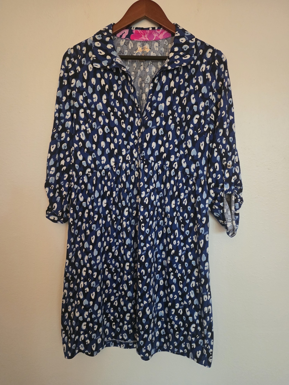 Lilly Pulitzer Saralyn Popover Shirtdress Navy Blue Leopard Animal Print S